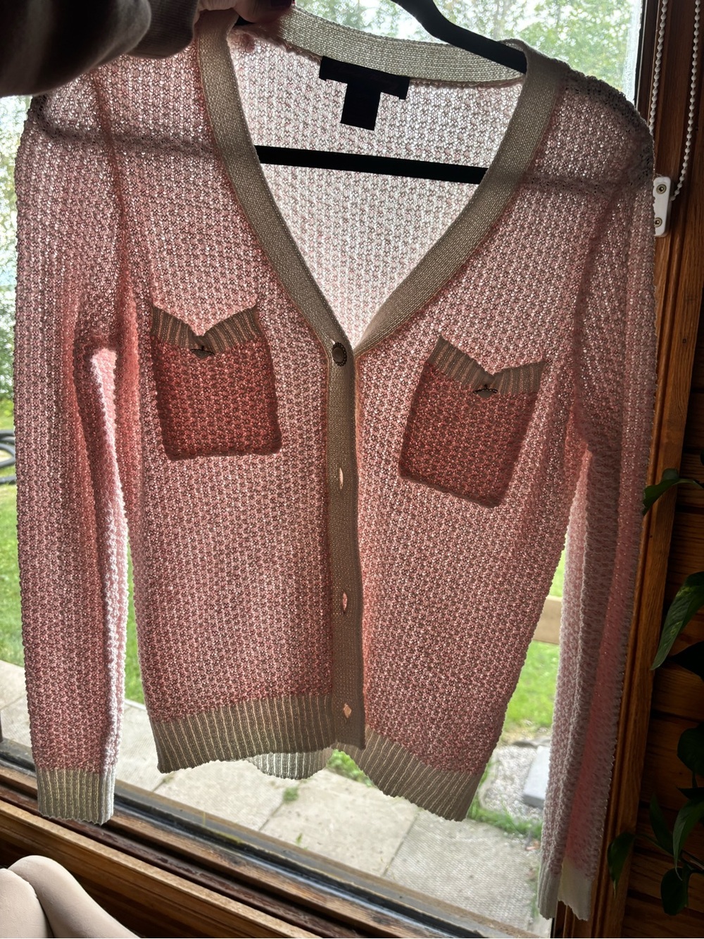 Light Pink Crochet V-Neck Cardigan with Contrast Trim